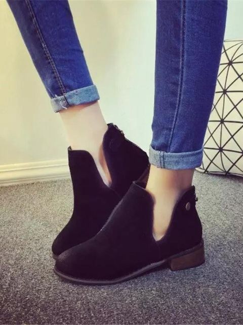 Botines de color retro para mujer de gamuza Botines Martin de tacón bajo Botines Botas de moto Deep V