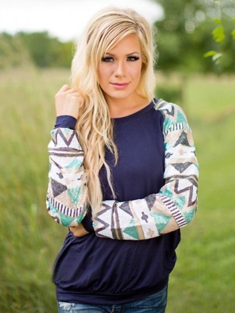 Hausttískukvennaprentun kvenna Langerma Relaxed Fit Casual Long bolir T-bolur Basic blússa