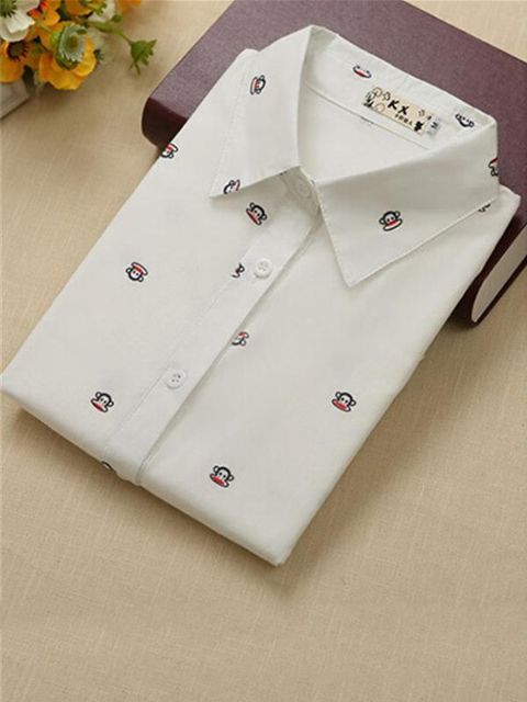 New Fashion Casual Long-sleeved Solid Shirts Monkey Pattern Paul Frank Printed Blouse Lapel Stitching Shirt Blouse