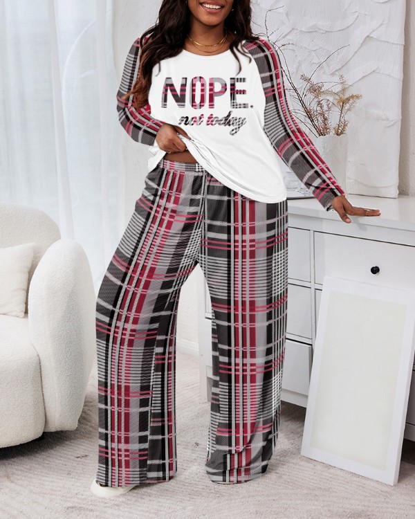 Plus Size Nope Not Today Plaid Print Top & Pants Set