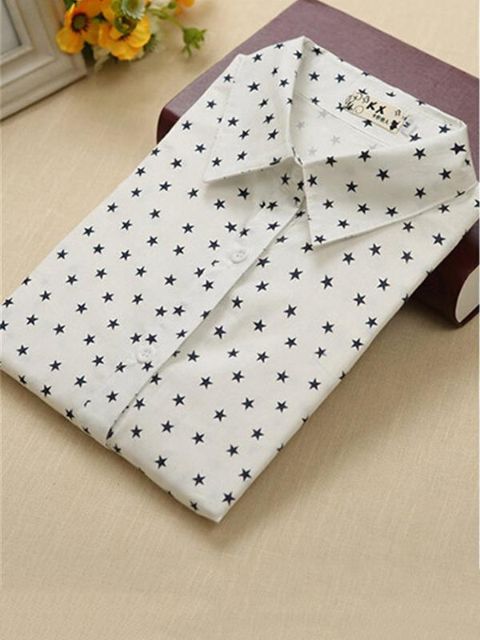 Ný tíska Frístundir Langermar Solid bolir Stjörnumynstur blússa Lapel saumaskyrta blússa