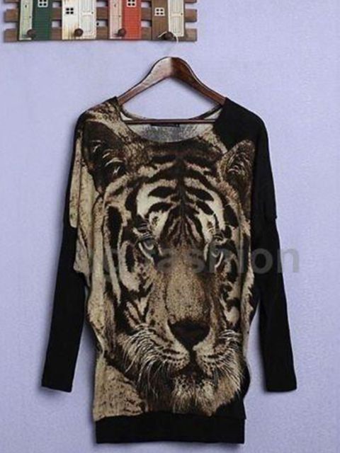 Mujeres coreanas estampado animal camisa larga Batwing cuello suelto Knit Tops Kintwear