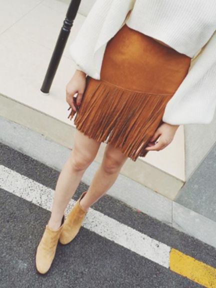 Muoti naisten korkea vyötärö mokkanahka tupsut kiinnitetty hapsut