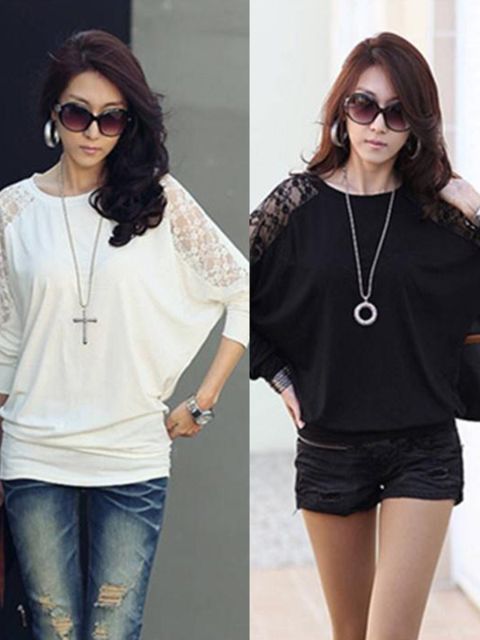 Korea Style Women Batwing long Sleeves lace patchwork T-shirt Top Sweater Knitwear T-shirt