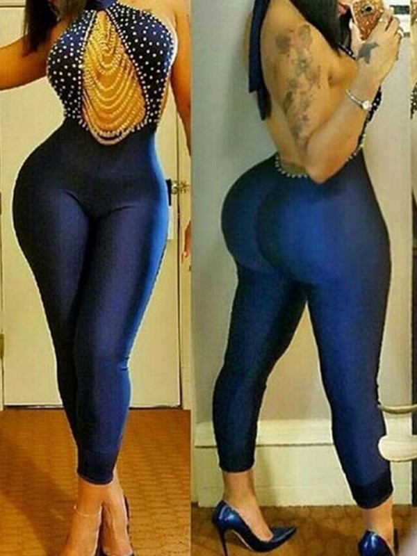 Die reizvolle dünne passende Perlen-Perle der Frau verzierte rückenfreie Oberbekleidung der hohen Taille Jumpsuit