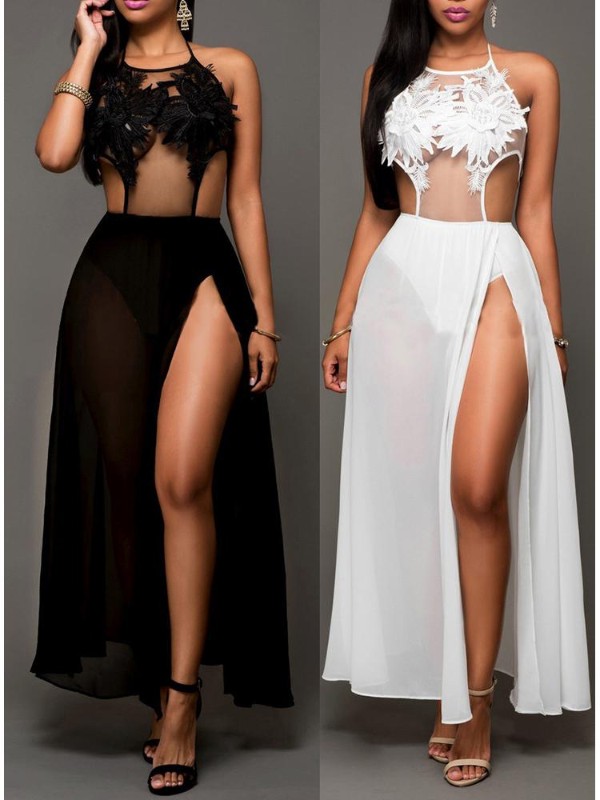 Kvinnors sexiga halter spets broderad vinge rygglösa maxiklänning hög sida split casual klänning klänning