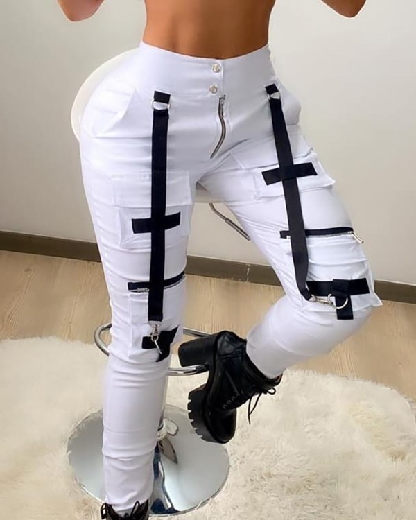 Strap Decor Pocket Design Cargo Pants