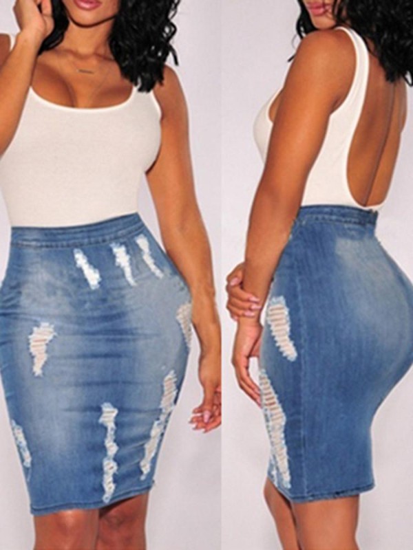 Damen-Mode Elastische Niet-Troddel Zerstörte Kleid Casual Street Style Blue Denim Kurze Röcke