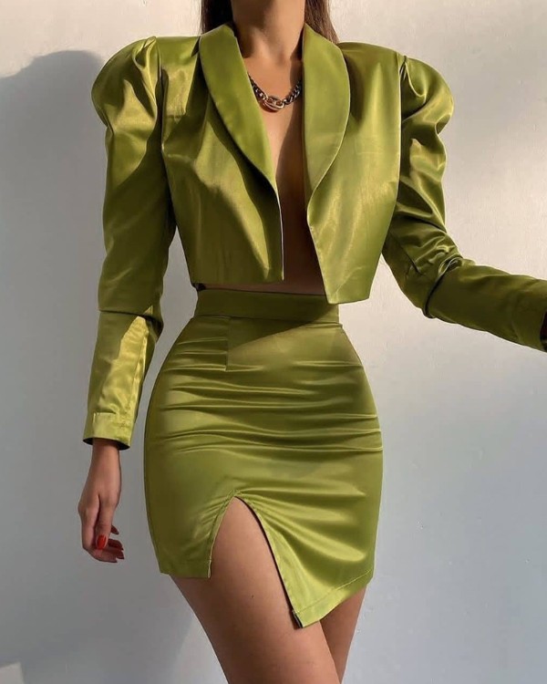 Shawl Collar Puff Sleeve Crop Top & Split Skirt Set