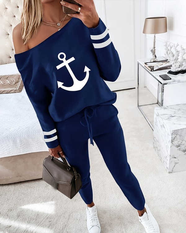 Anchor Print Striped Skew Neck Top & Pants Set