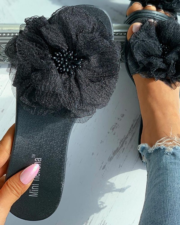 Floral Pattern Mesh Peep Toe Flat Sandals