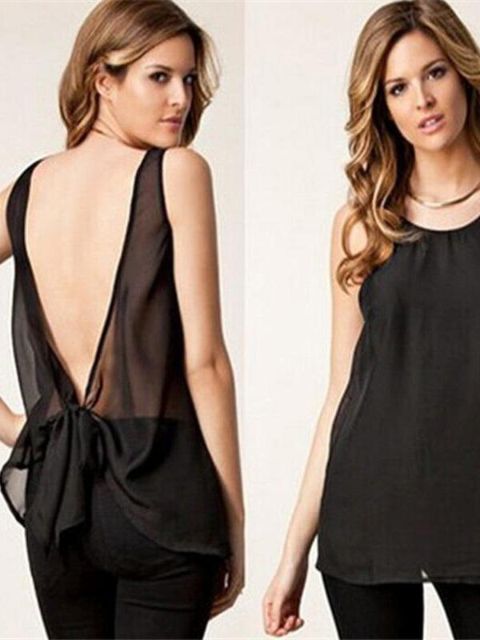 Dammodell Spaghettirem Sexig veckad toppblus Rygglös Chiffongväst med rosett