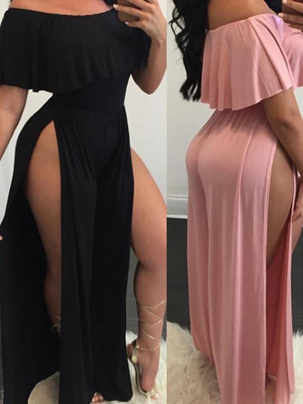 Dam Ruffle Off Shoulder High Slit Wide Leg Party Jumpsuit Casual Helbyxor Rompers