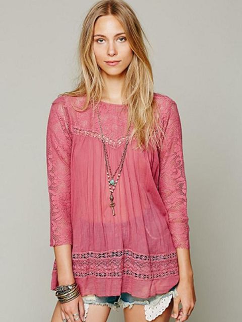 Dame Sexet udhulet langærmet V-hals Blonderhals Casual toppe T-shirt Basic bluse