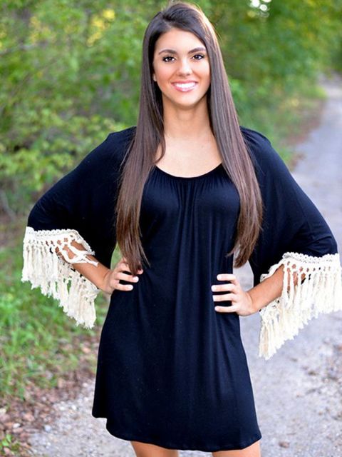 Women Plus Size Autumn Winter New Pullover Tassels Sleeve Black Relaxed Fit Dresses S/M/L/XL