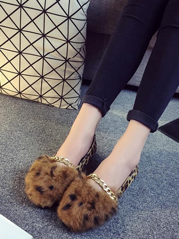 Mulheres Sexy Pele De Coelho Elegante E Corrente de Liga Deslizamento Plana Confortável Sapatos Dedo Apontado Sapatos Flats