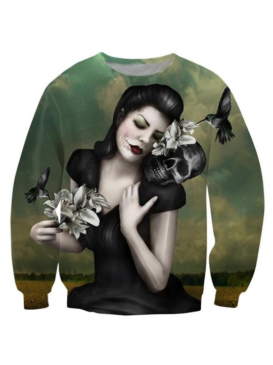 Damenmode 3D Sexy Lady Skull Print Warm Outwear Sweatshirt Pullover Hoodies