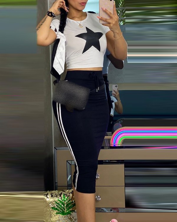 Star Print T-shirt & Striped Print Midi Skirt Set