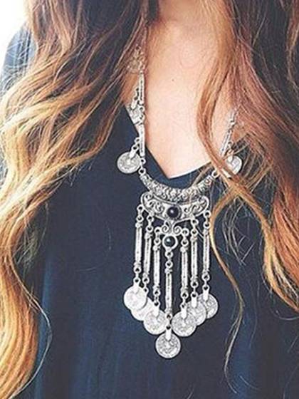 Tassel ýkt lang silfur mynt hálsmen konur tyrkneskar indverskar þjóðernis yfirlýsingar hálsmen og hengiskraut fyrir Lady Collares