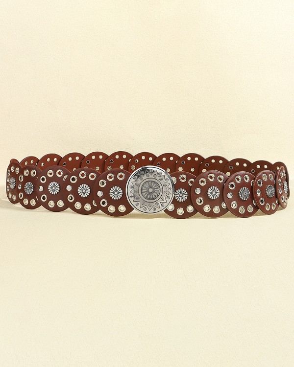 Vintage Leather Round Waist Belt Hollow Out Boho Concho Belt