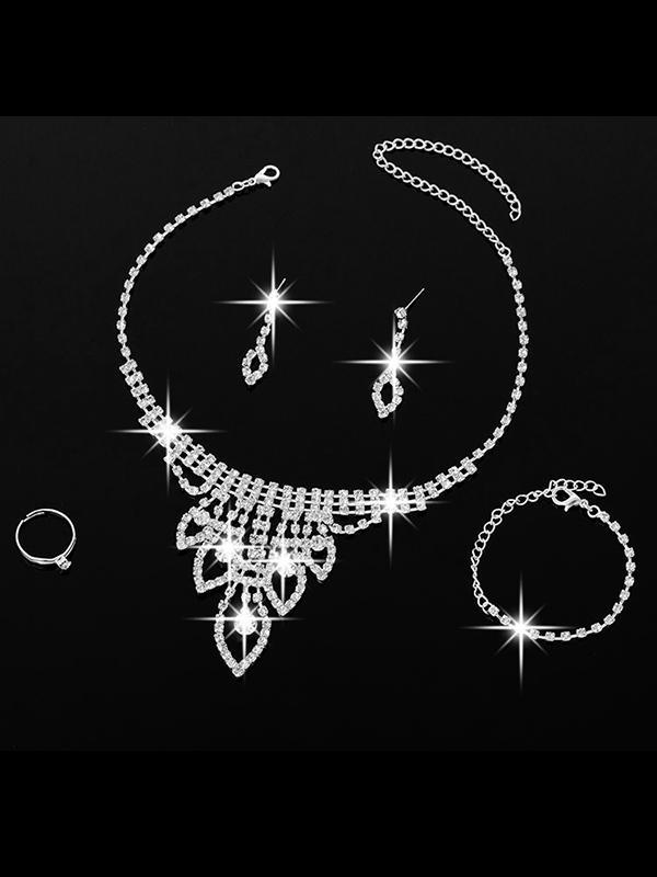 Women's Fashion Rhinestone Crystal Silver Plated Earrings Necklace Set Bridal Gift