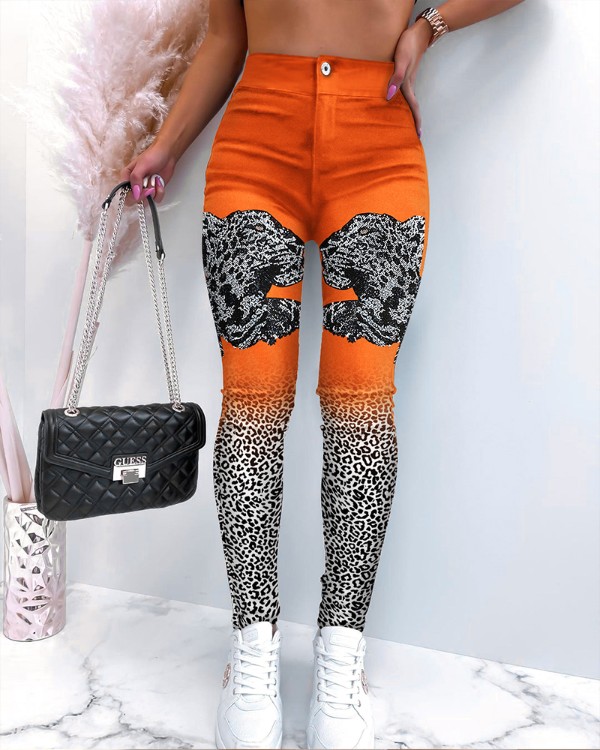Leopard Print Zipper Button Design Skinny Pants