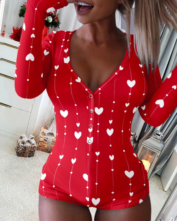 Heart Print V-Neck Long Sleeve Romper Sexy Button Front Slim Fit Onesie