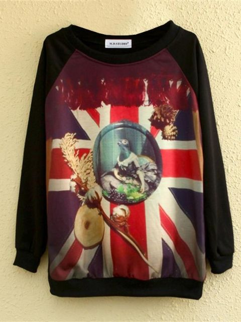 Sudadera con estampado Union Jack de las mujeres de la moda Harajuku Sudadera con capucha Hip-hop con cuello redondo informal