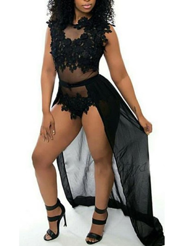 Sexy Women Transparent Lace Mesh Patchwork Bodycon Jumpsuit Sleeveless Slim Fit Night Party Dress