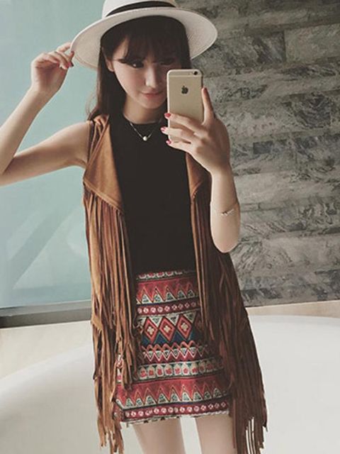 Kvinnor mocka fransade ärmlösa västjackor kofta Casual ytterkläderrock