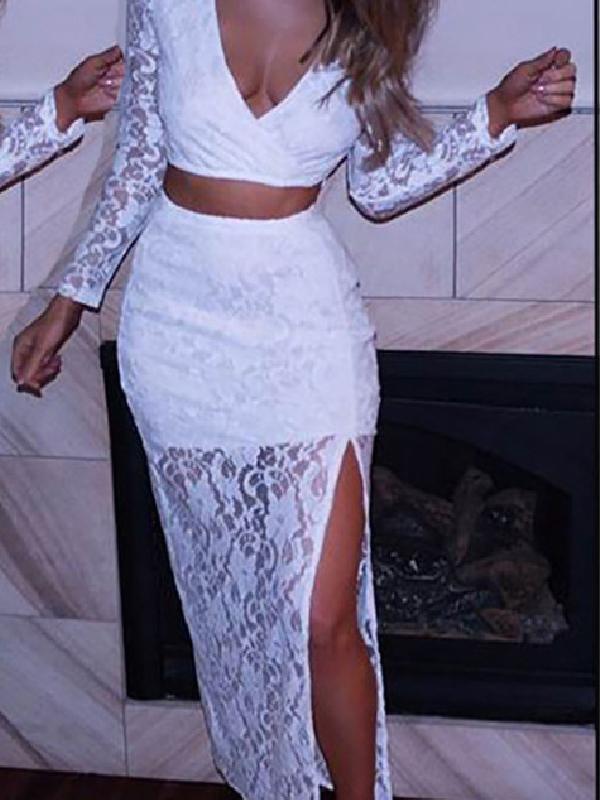 2PCS kynþokkafullur dýpur V-háls blúndur toppur og hár mitti Maxi pils hlið kvöldkjóll