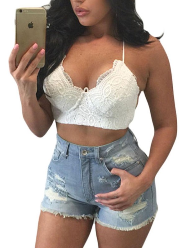 Tíska Sumarstíll Langstrengdur grisjun uppskriðdúkur kynþokkafullur heklaður blúndur Bustier stutt vesti