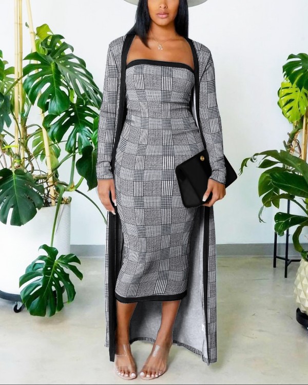 Plaid Tube Bodycon kjole med langline frakke