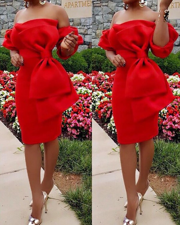OFF SHOULDER BODYCON DRESS WITH BOW DETAIL