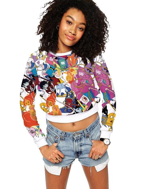 Herbst Mode Abenteuer Zeit Cartoon Print Frauen Langarm Crop Top Crewneck Sweatshirt Pullover Tops