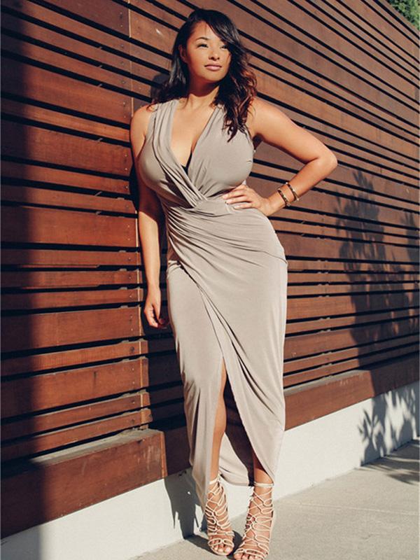 Women's Sexy Sleeveless Deep V Khaki Dress Jumpsuit Loose Jumpsuit Rompers