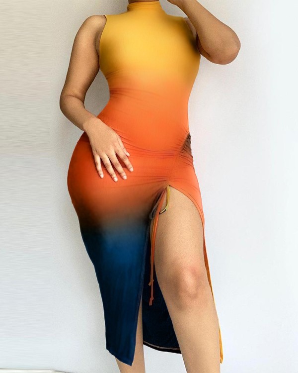 Ombre Colorblock High Slit Midi Dress