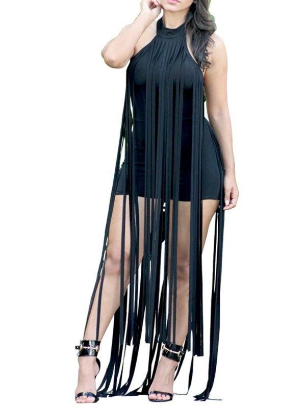 Kynþokkafullur halter háls baklaus Jumpsuit ermalaus langur skúfur frjálslegur Roper stutt buxur Bodysuit