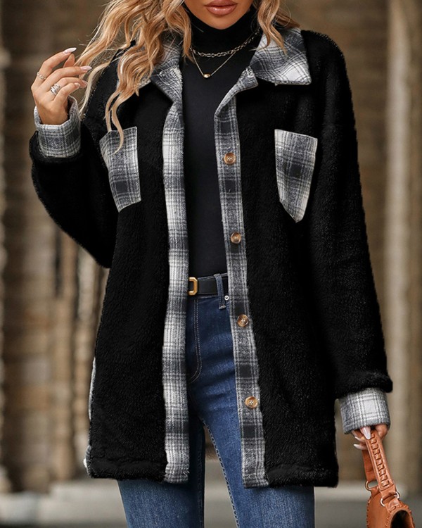 Plaid Print Pocket Design Long Erma Buttoned Teddy Coat útbúnaður