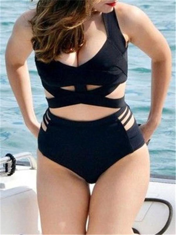 S- XL XXL XXXL Plus Size Women Black Cut Out High Waist Push-Up Padded Swimwear Swimsuit Bikini 2016 Bathing Suit Two piece