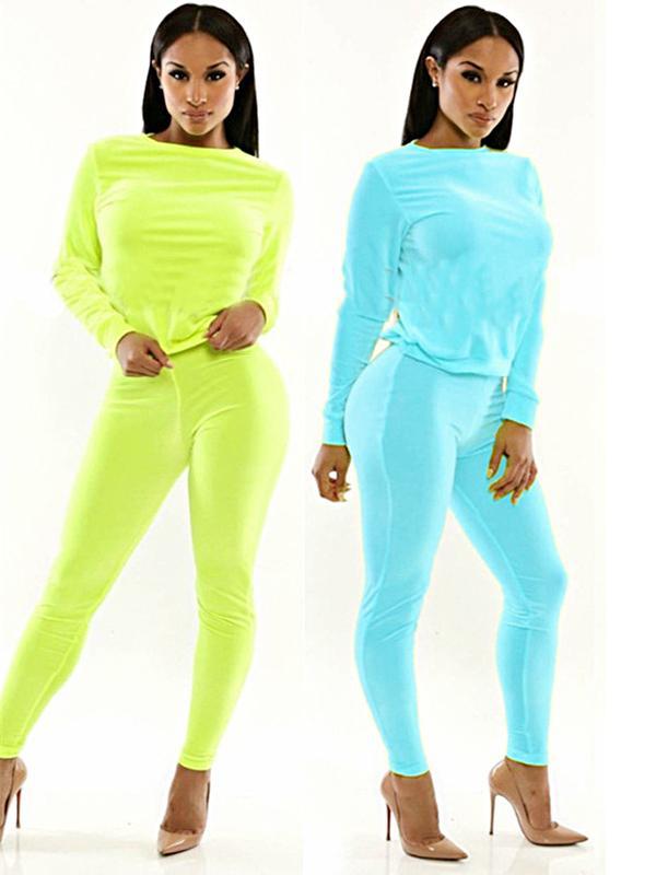 Mulheres 2pcs cor sólida macacão manga comprida Romper Clubwear Suit Set