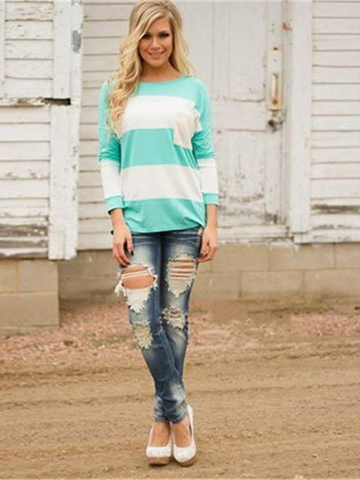 Herbst Frauen Plus Size Nähte Farbe Blau Und Weiß Lose T-shirt Crewneck Slim Fit Casual Baumwolle Tops