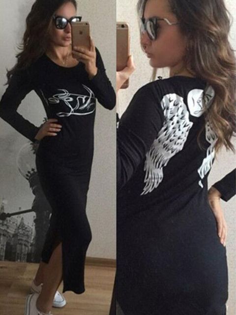 2015 outono inverno casaco quente das mulheres de volta asas impresso vestido de manga comprida vestido longo vestido de noite