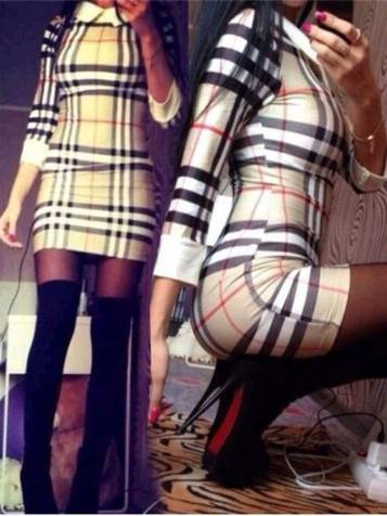 Vestido a cuadros de la impresión de la tela escocesa de la moda de las mujeres Vestido largo de la manga del vestido del cuello de la muñeca linda del estilo del vintage