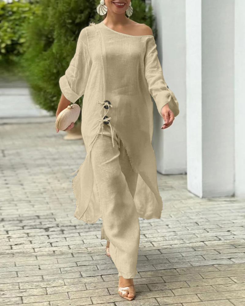 2 Pieces Outfit One Shoulder Button Decor Slit Frayed Edges Top and Casual Elastic Waist Wide Leg Pants Set