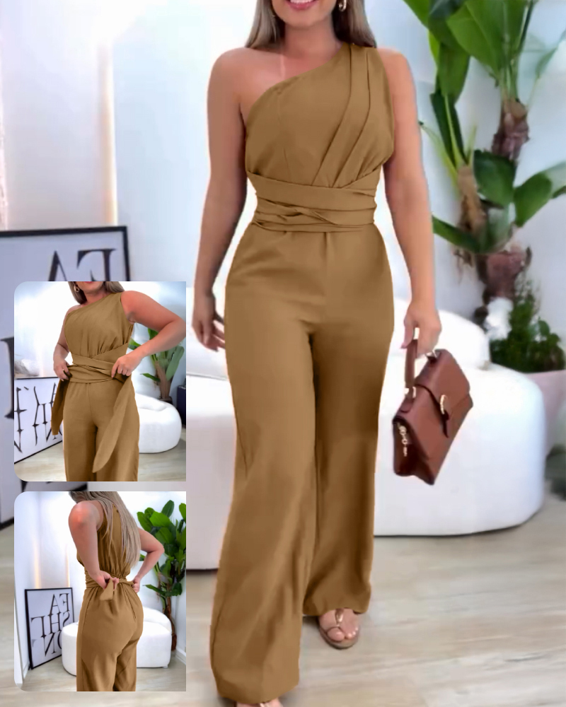 One Shoulder Sleeveless Ruched Cinched Waist Zipper Side Overalls Tied Detail Elastic Waist Wide Leg Jumpsuit