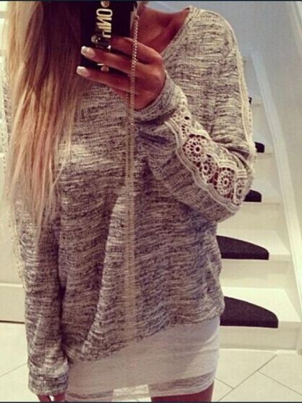 Automne Mode Femmes Sexy Coton Dentelle Patchwork À Manches Longues Couleur Plus La Taille Casual Tops Lâche T-shirt Pulls