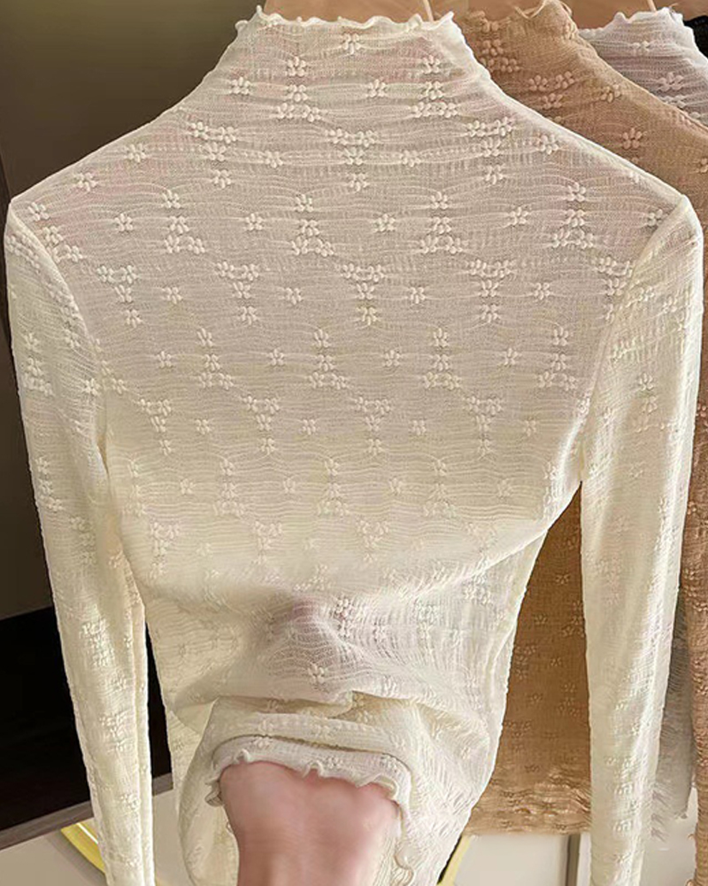 Frill Trim Mock Neck Long Sleeve Lace Tee Casual Floral Sheer Mesh Layering Top