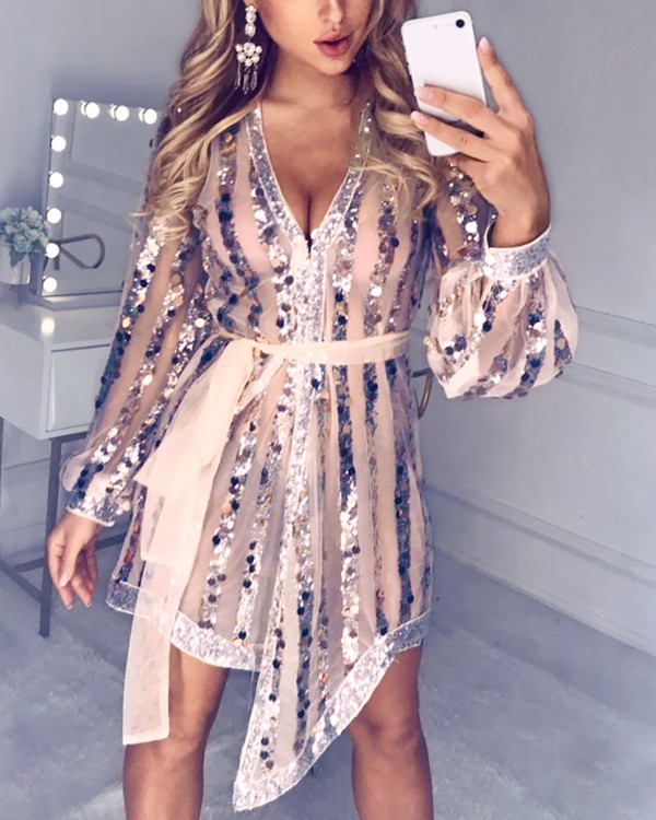 Glitter Plunge Sequins Sheer Mesh Lantern Sleeve Dress