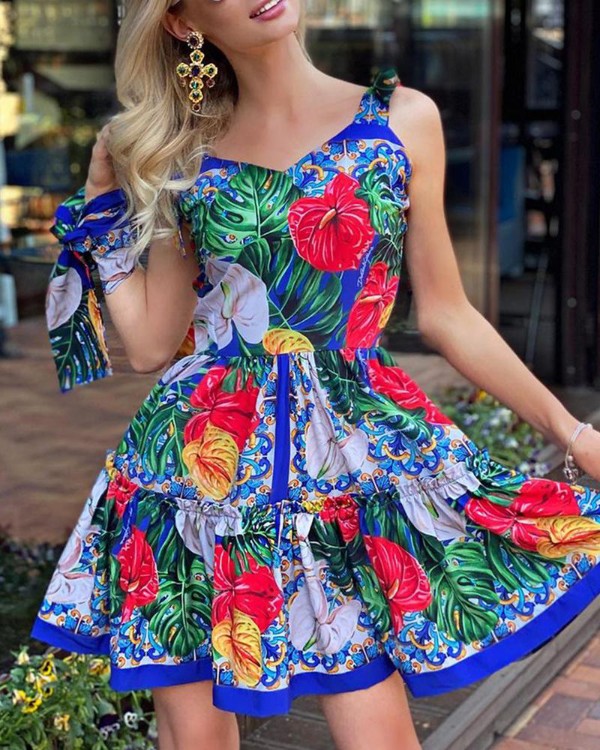 Frill Hem Tied Detail Tropical Print Dress